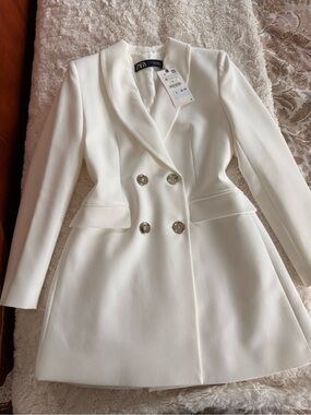 Zara Cream Double-Breasted Blazer Dress featuring Gold Buttons